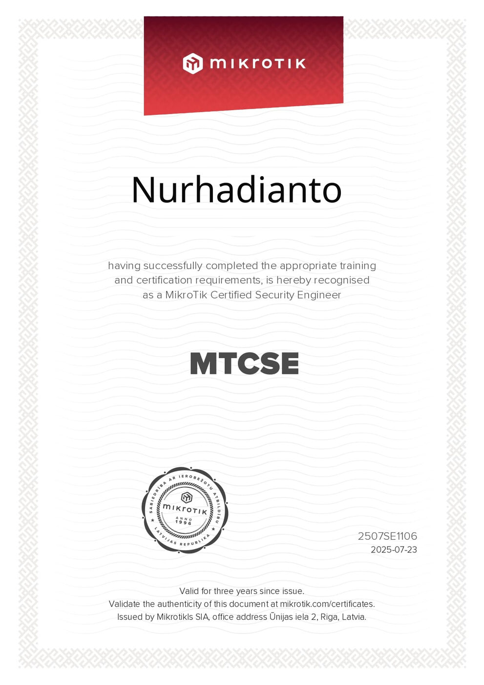 Sertifikat MikroTik Certified Security Engineer (MTCSE) atas nama Nurhadianto
