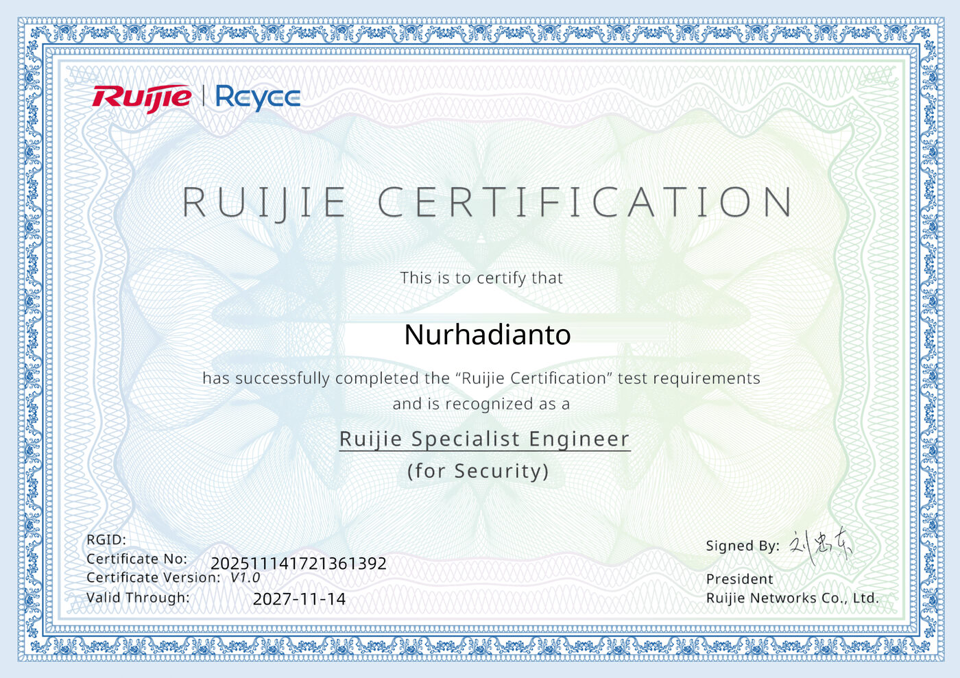 Sertifikat Ruijie Specialist Engineer for Security atas nama Nurhadianto