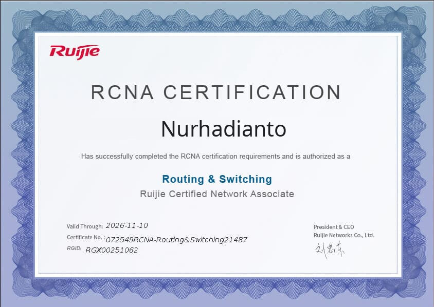 Sertifikat Ruijie Certified Network Associate (RCNA) Routing and Switching atas nama Nurhadianto