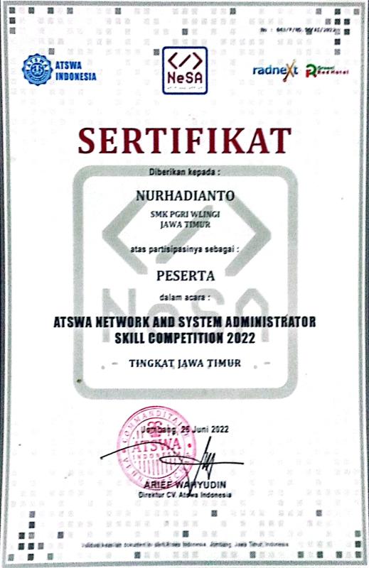 Sertifikat NeSA Network and System Administrator Skill Competition 2022 tingkat Jawa Timur atas nama Nurhadianto