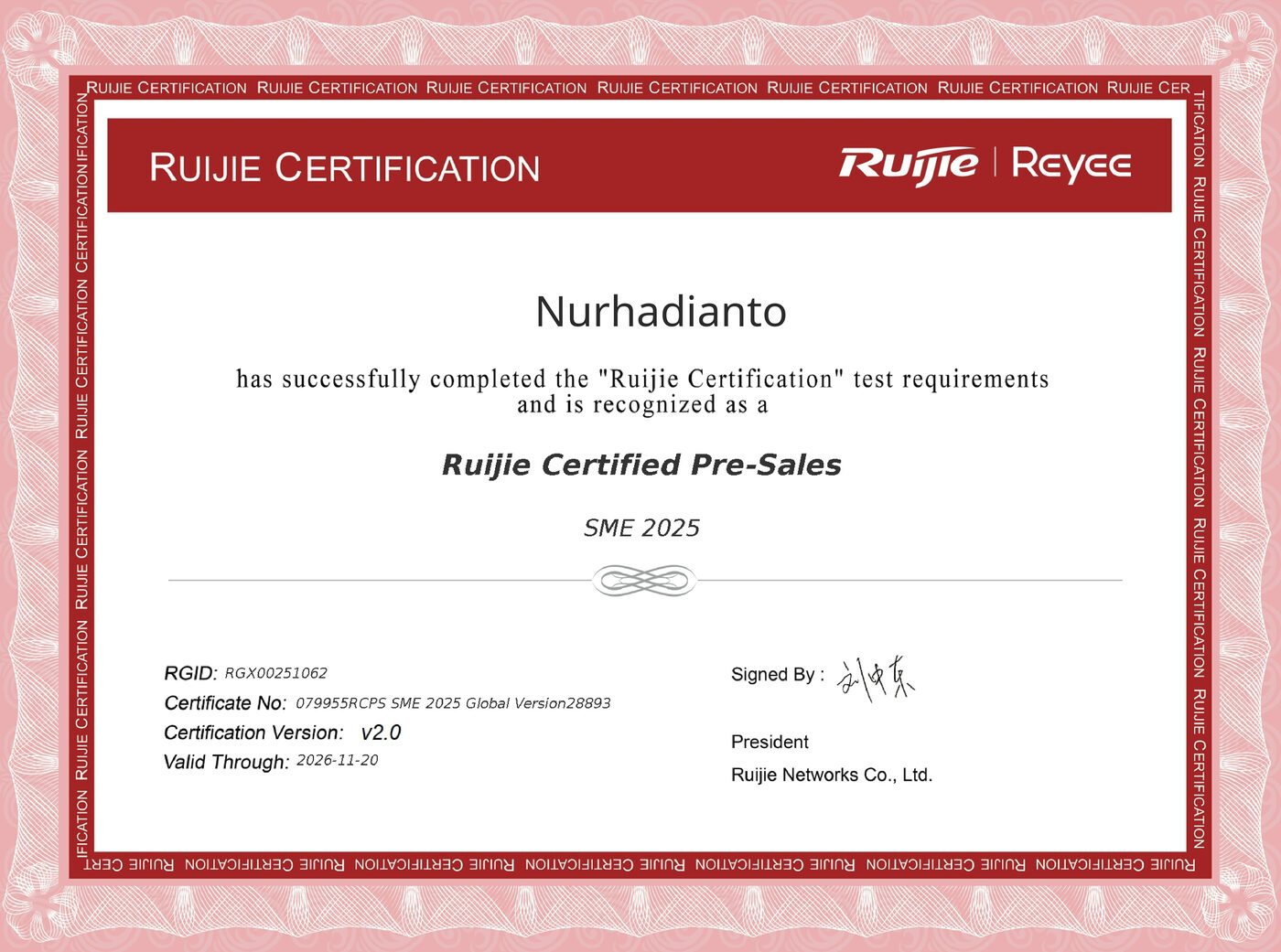 Sertifikat Ruijie Certified Pre-Sales SME 2025 atas nama Nurhadianto