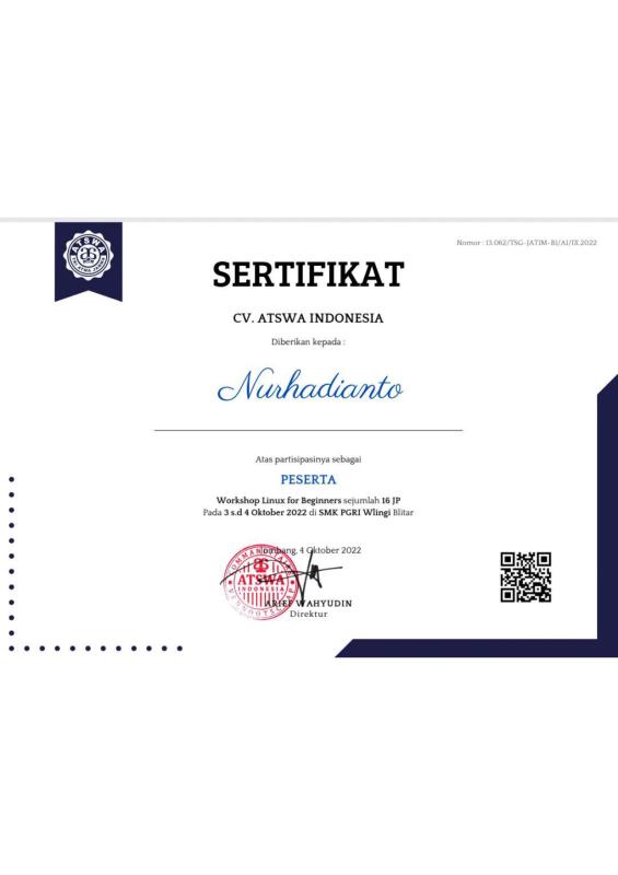 Sertifikat Workshop Linux for Beginners 16 JP dari CV. Atswa Indonesia atas nama Nurhadianto