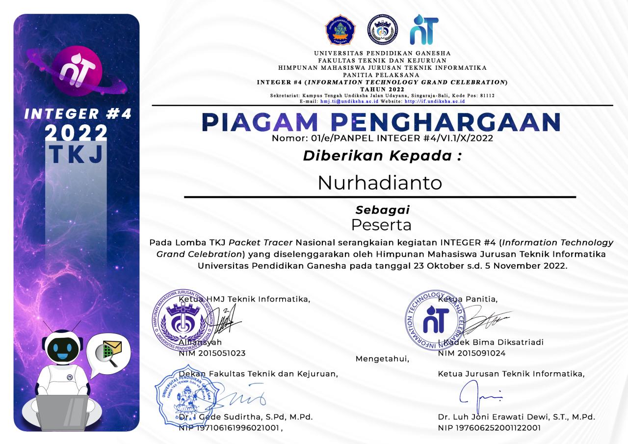 Piagam penghargaan Lomba TKJ Packet Tracer Nasional INTEGER #4 2022 Universitas Pendidikan Ganesha atas nama Nurhadianto