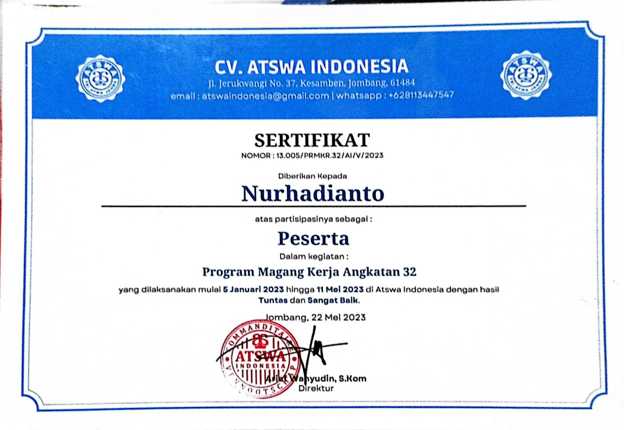 Sertifikat Program Magang Kerja Angkatan 32 dari CV. Atswa Indonesia atas nama Nurhadianto